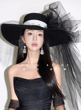 锦鈺新款复古法式黑色平顶网纱大网格连长纱外景样片礼帽造型配饰