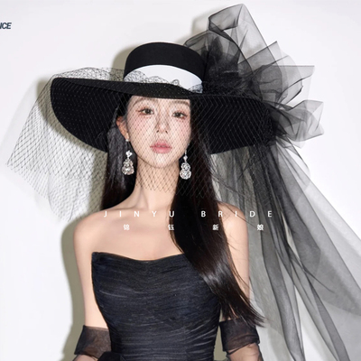 锦鈺新款复古法式黑色平顶网纱大网格连长纱外景样片礼帽造型配饰