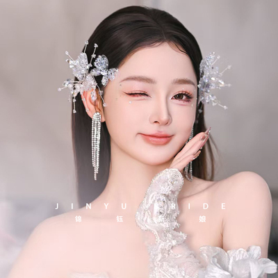 新款韩式新娘边夹头饰耳环透明蝴蝶侧边发饰婚纱晚礼服晨袍配饰品