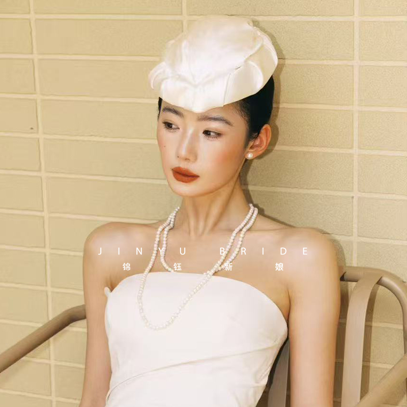 手作法式复古珍珠礼帽新娘造型帽