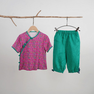 夏季儿童唐装汉服女童旗袍上衣亚麻七分裤宝宝国风复古新中式套装