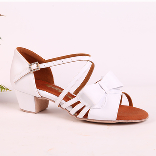 英皇女童拉丁舞鞋公主款白色皮面恰恰演出软底少儿平跟比赛舞蹈鞋