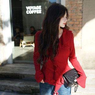 LadyBH自制红色紫色肌理感复古套头V领打底荷叶边喇叭袖 显瘦上衣