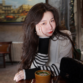 Ladybh自制法式 珍珠钉珠含羊毛黑白条纹通勤气质女宽松长袖 毛衣