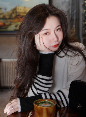 Ladybh自制法式珍珠钉珠含羊毛黑白条纹通勤气质女宽松长袖毛衣