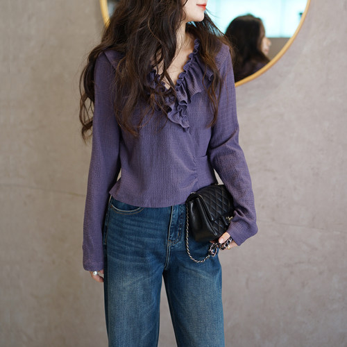 紫色法式复古花边显瘦v领蕾丝衫