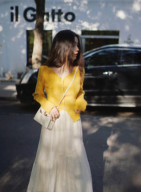 LadyBH2025秋冬黄色紫色v领通勤不规则设计感显瘦长袖开衫毛衣女