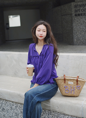 法式V领褶皱紫色雪纺衫天丝凉爽女宽松蝴蝶结度假风防晒上衣雪纺