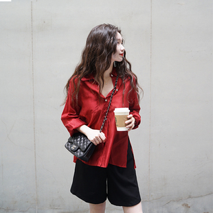 春夏红色天丝防晒衬衫 衬衣系带 女度假风设计感2026上衣宽松长袖