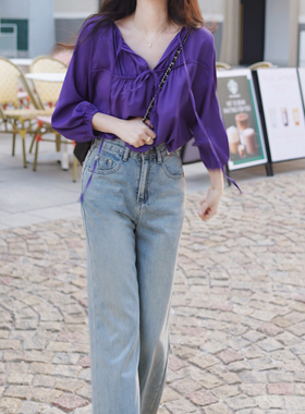 2025春紫色V领度假天丝褶皱系带通勤宽松小衫法式防晒冰爽上衣女