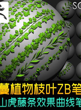 ZBrush植物藤蔓藤条枝叶花朵曲线zb笔刷30种