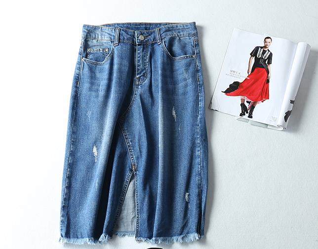 特价！外贸原单春夏秋季时尚杂志款高腰前开叉直筒牛仔中长半身裙