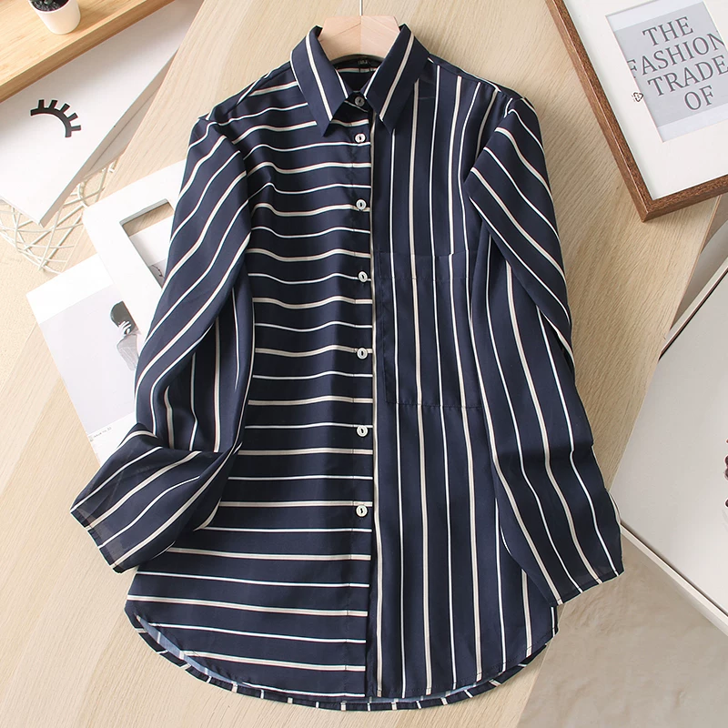 外贸原单 春秋季 百搭时尚休闲版型条纹设计感衬衫上衣长袖衬衣女