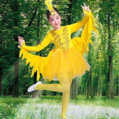 新儿童舞台演出服话剧舞童话蜗牛与黄鹂鸟带翅膀蓬蓬纱裙黄色小鸟