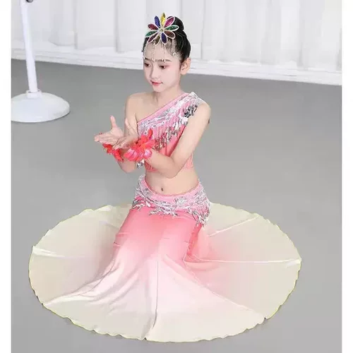 新款儿童傣族演出服弹力孔雀舞表演服女童艺考培训半身包臀练习裙