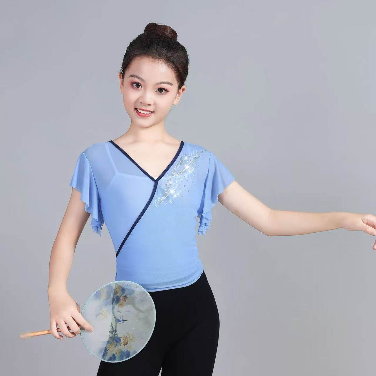 新款少儿女儿童古典身韵纱衣民族舞短袖练功服基训舞蹈演出服