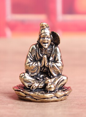 纯黄铜济公活佛降龙罗汉复古实心老物件装饰桌面茶宠工艺品铜摆件