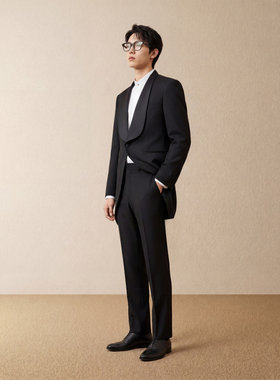 新郎西服男套装黑色青果领韩版修身婚礼宴会结婚礼服西装两件套潮
