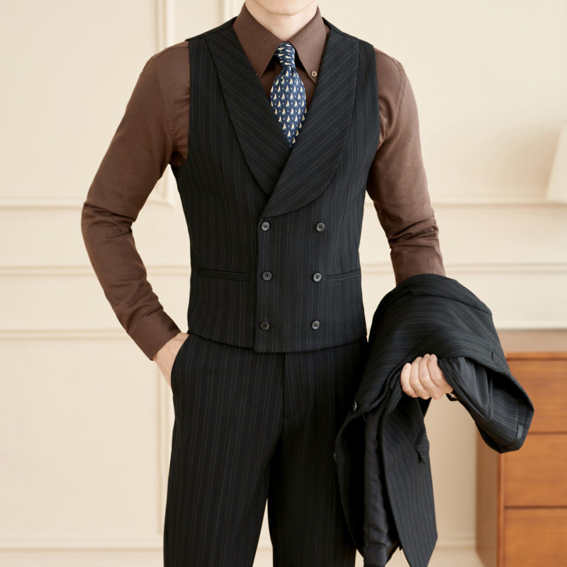 定制logo潮流时尚男装英伦男士双排扣西装领工作服男马甲裤子套装