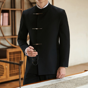 高定新中式西装男士高级黑色立领金属纽扣中山装套装国风立领结婚