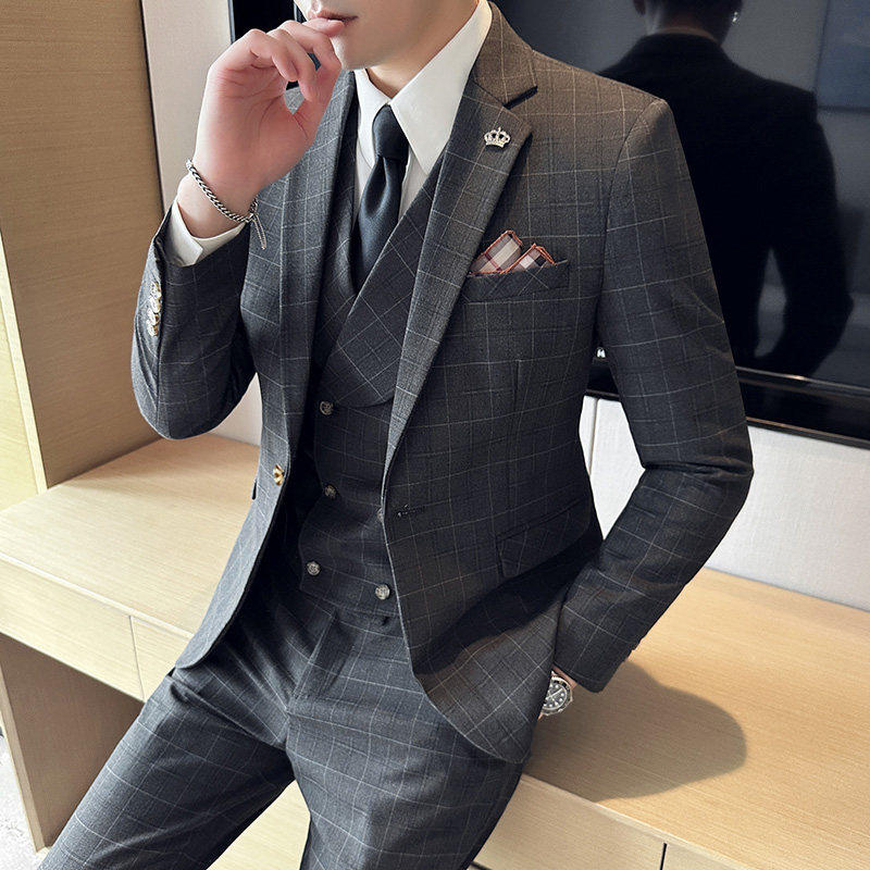 高定格子男士西服套装商务休闲正装结婚新郎西装三件套修身礼服男