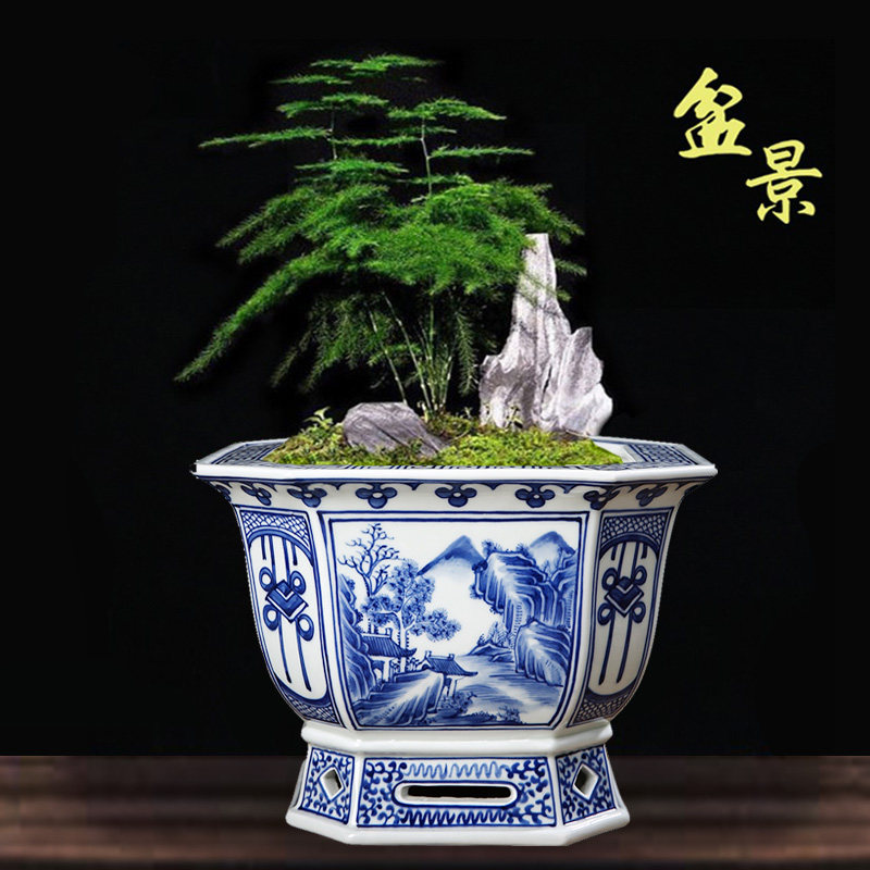 景德镇陶瓷器手绘青花瓷釉下彩花盆四方仿古中式客厅高档兰花山水