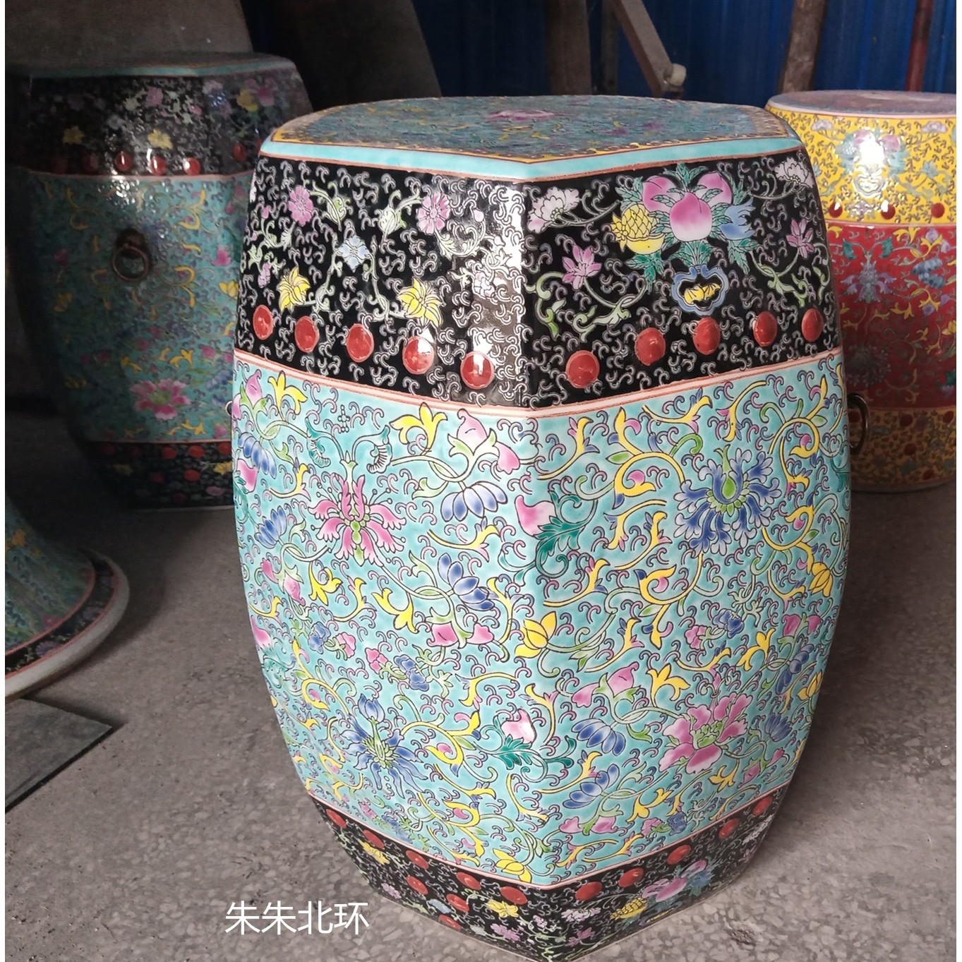 复古手工粉彩陶瓷凳子手绘六角瓷凳中式古典家居装饰工艺品换鞋凳