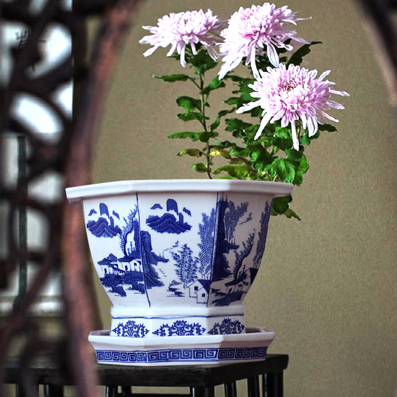 景德镇陶瓷高档装饰大花盆青花瓷仿古树盆种花瓷器兰花八方山水图
