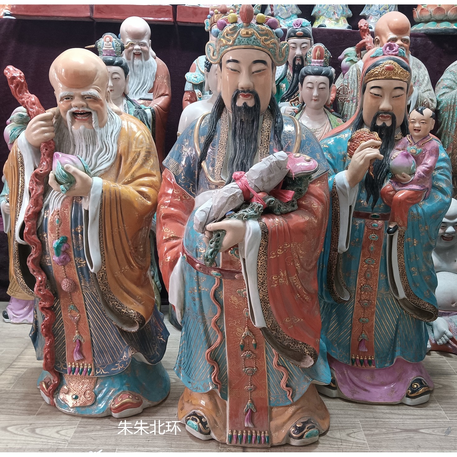 景德镇仿古描金雕塑陶瓷福禄寿三星摆件开业礼品财神爷神像高80cm