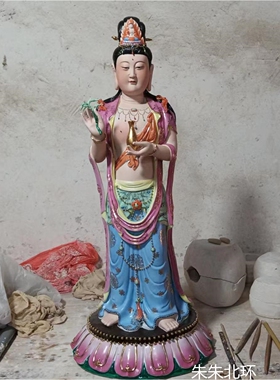 雕塑陶瓷站莲南海观音佛像家用净瓶观世音菩萨像供奉摆件装饰品70