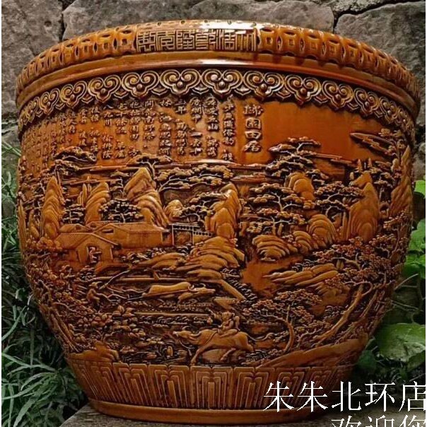 仿古大清乾隆年制陶瓷缸雕刻黄釉山水画荷花碗莲卷轴书画缸金鱼缸