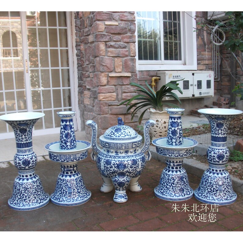 手绘青花缠枝莲五供景德镇仿古陶瓷宗教佛事用品香炉烛台花觚瓶60