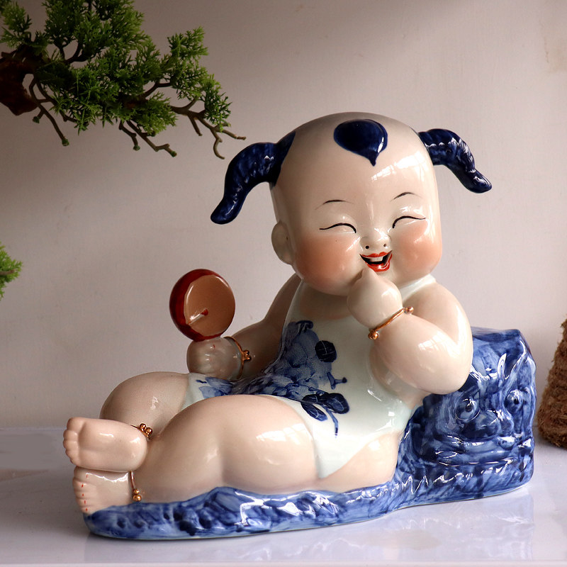 景德镇青花陶瓷送子福娃摆件招财
