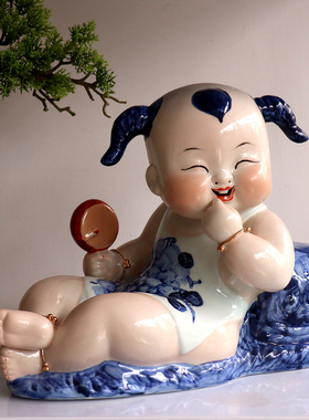 景德镇青花陶瓷送子福娃摆件招财