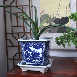 景德镇陶瓷青花瓷兰花盆景盆栽花钵新中式家居摆件四方盆八仙过海