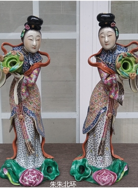 仿古中式古典人物雕塑工艺品摆件仙女散花一对花神陶瓷像装饰收藏