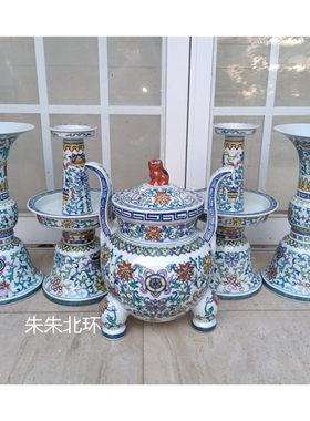 景德镇陶瓷器高档仿古手绘八宝青花斗彩五供佛堂寺庙烛台花觚香炉