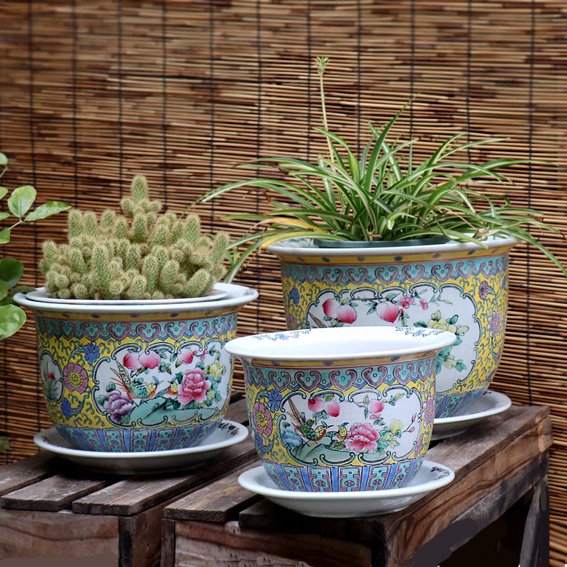 景德镇陶瓷中式手绘粉彩花盆带托盘古典圆形盆栽植物锦地福寿花鸟