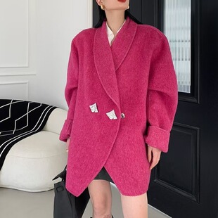 双面羊绒大衣女中长款2025大翻领钻石扣毛呢外套气质通勤加厚羊毛
