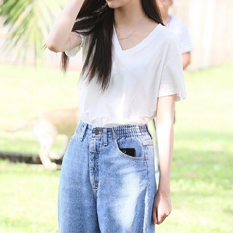 纯色V领短袖白色T恤女宽松韩版内搭港风简约体桖2025春夏季上衣