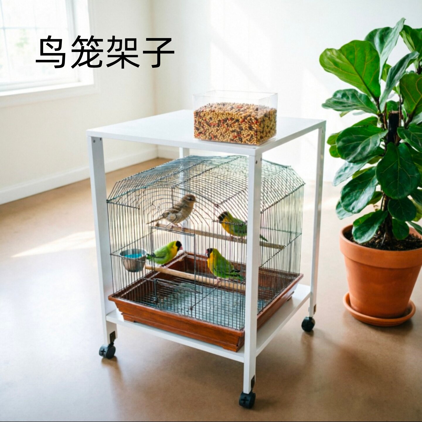 实木带轮分层鹦鹉鸟笼架