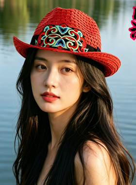 民族风刺绣花女红色春夏帽子编织网眼短檐可折叠礼帽遮阳帽爵士帽