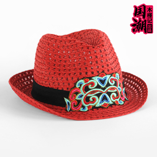 民族风刺绣花女红色春夏帽子编织网眼短檐可折叠礼帽遮阳帽爵士帽