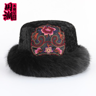 中国风刺绣花绒毛帽子女秋冬季加厚保暖防寒护耳盆帽显脸小防皮草