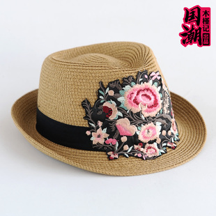时尚巴拿马帽礼帽民族风刺绣花帽子草帽防晒遮阳春天夏季女爵士帽
