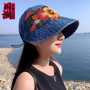 女时尚民族风刺绣花牛仔渔夫帽女春夏季大檐遮阳防晒鸭舌太阳帽子