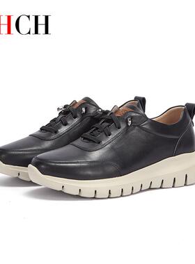 CHCH女鞋秋冬新款妈妈中年舒适休闲平底透气防滑坡跟真皮软底单鞋