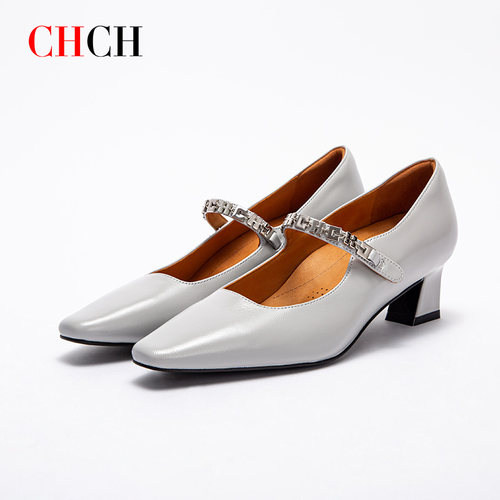 CHCH平衡鞋女鞋2025春季新款女士复古牛皮玛丽珍鞋底跟