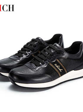 CHCH新款男士休闲男鞋黑色鹿皮拼接牛皮革经典舒适