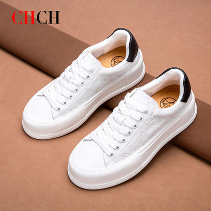 CHCH平衡鞋真皮轻便厚底增高休闲板鞋学生小白鞋女鞋